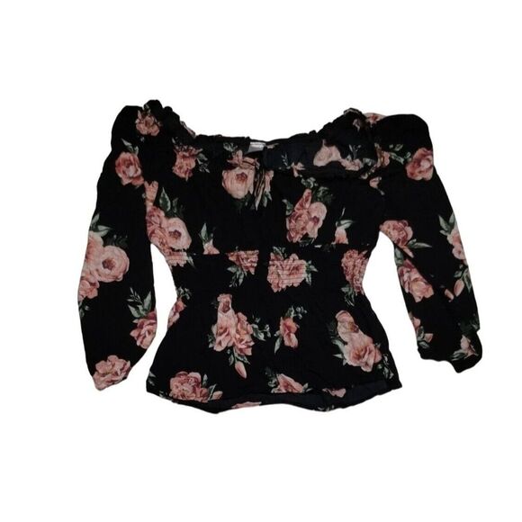 Romantic Floral Off-Shoulder Puff Sleeve Smocked Top Black Pink Rose Pattern - Picture 2 of 8